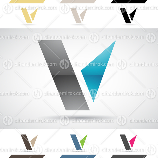 Black and Blue Abstract Glossy Logo Icon of Letter V with Rectangles and Triangles