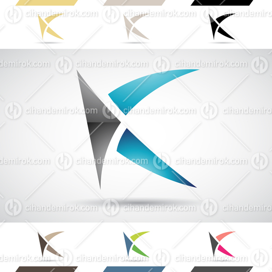 Black and Blue Glossy Abstract Logo Icon of Letter K with Spiky Curved Triangles
