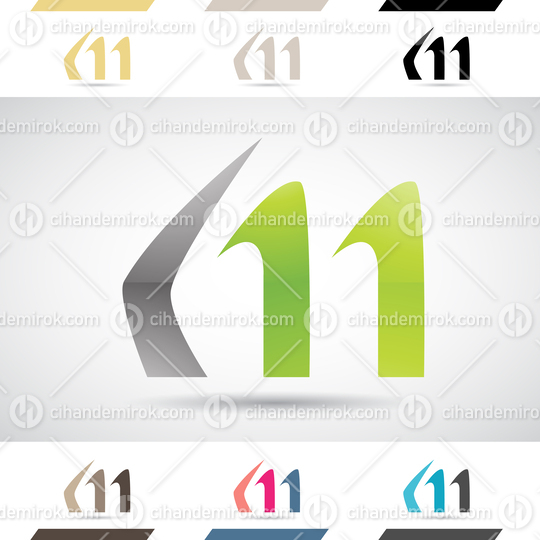 Black and Green Glossy Abstract Logo Icon of Letter M with Horn Shaped Spiky Stripes