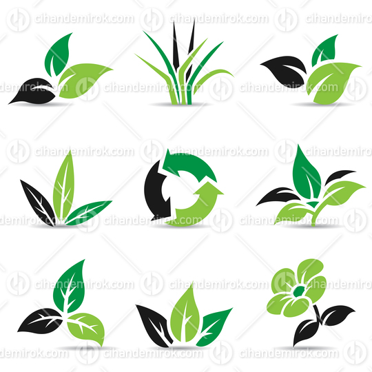 Black and Green Grass and Leaves Icons with Recycling Symbol