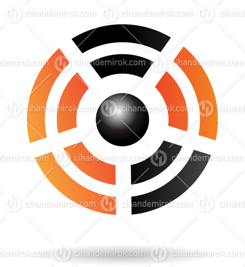 Black and Orange Abstract Striped Circle Logo Icon with a Black Ball in the Center