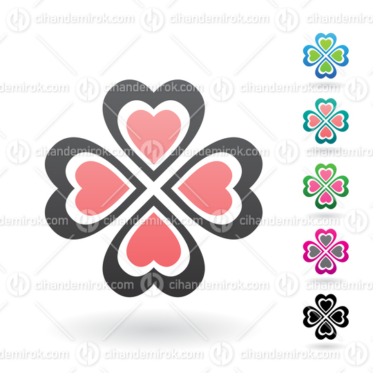 Black and Pink Abstract Icon of Heart Shaped Four Leaf Clover