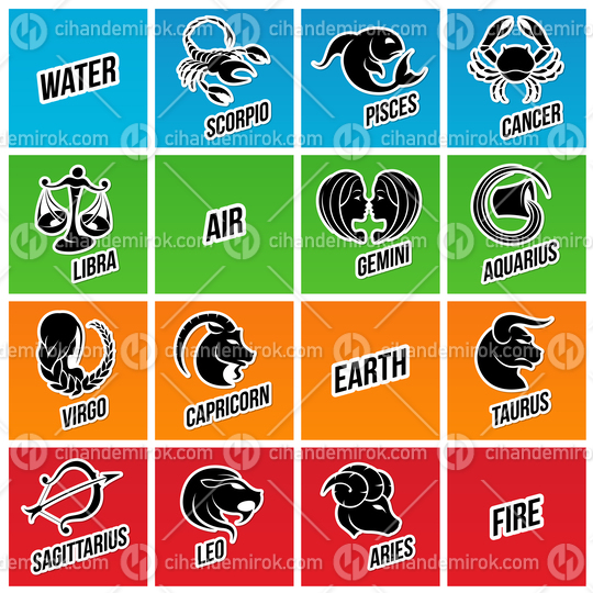 Black and White Stickers of Zodiac Star Signs on Colorful Tiles