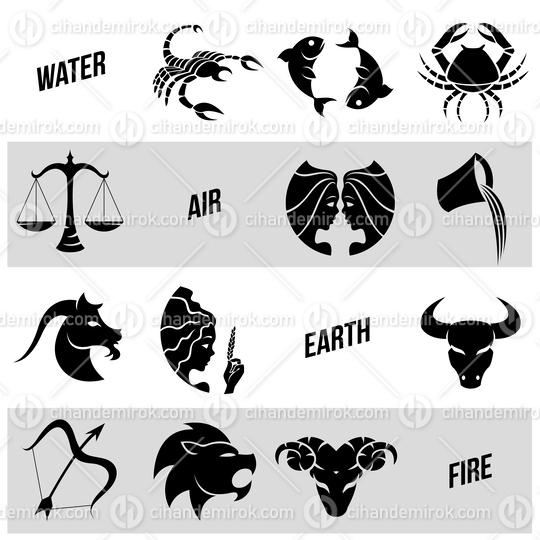 Black and White Zodiac Star Signs of Four Elements