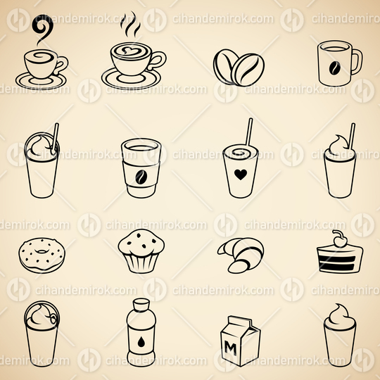 Black Coffee and Breakfast Icons on a Beige Background