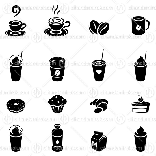 Black Coffee and Breakfast Icons on a White Background