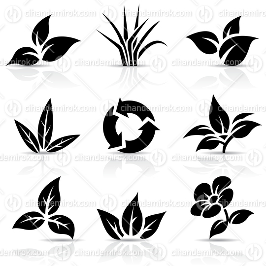 Black Grass and Leaves Icons with Recycling Symbol