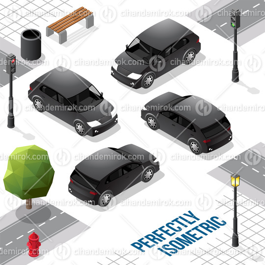 Black Isometric Hatchback Car from Front Back Right and Left