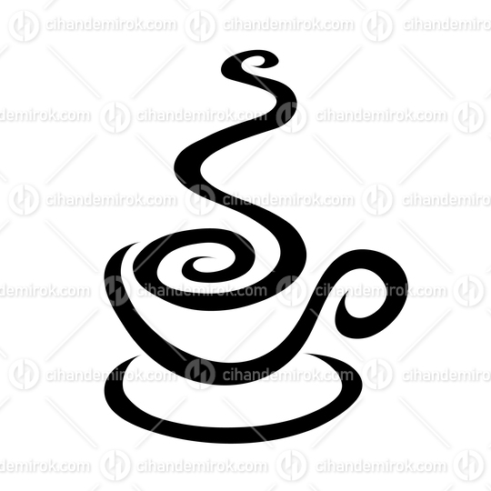 Black Line Art Coffee Icon with Swirly Smoke Shape