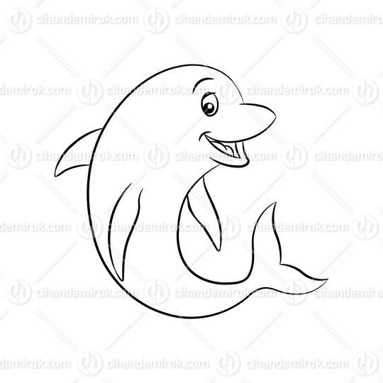 Black Line Art Dolphin Cartoon on a White Background
