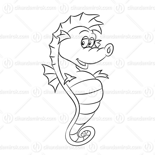 Black Line Art Seahorse Cartoon on a White Background