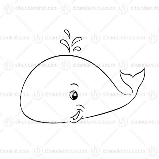 Black Line Art Whale Cartoon on a White Background