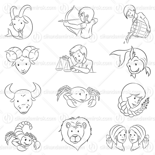 Black Line Art Zodiac Signs isolated on a White Background