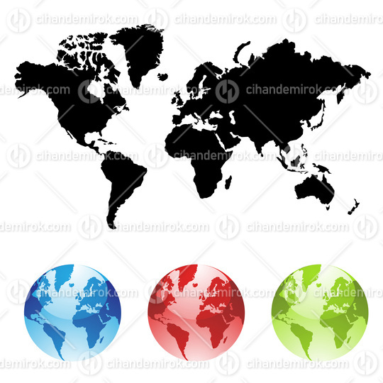 Black World Map and Colorful Globes