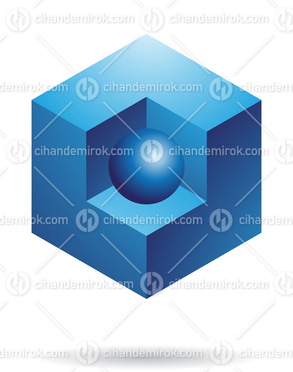 Blue Abstract Cube Logo Icon with a Small Blue Sphere in the Middle