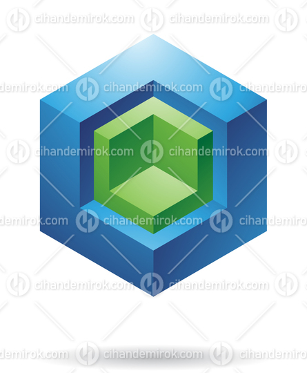 Blue Abstract Cube Logo Icon with an Embossed Green Core