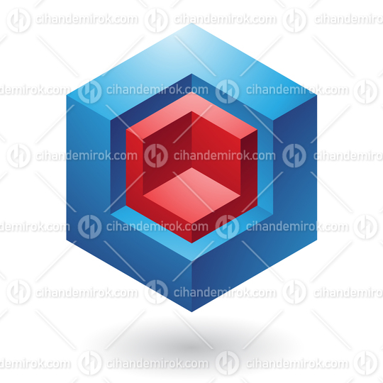 Blue Abstract Cube Logo Icon with an Embossed Red Core