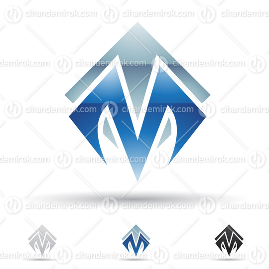 Blue Abstract Glossy Logo Icon of a Spiky Angled Letter M with a Square 