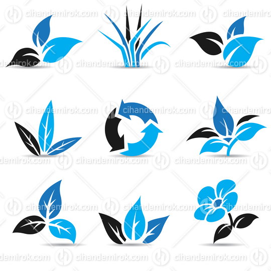 Blue and Black Grass and Leaves Icons with Recycling Symbol