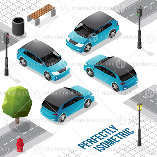Blue and Black Isometric Hatchback Car from Front Back Right and