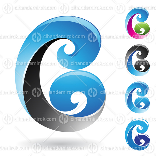 Blue and Black Layered Letter C or B Icon with Curled Tips