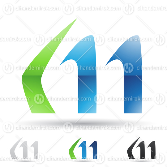 Blue and Green Abstract Glossy Logo Icon of Letter M with Horn Like Spiky Shapes