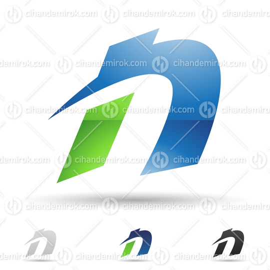Blue and Green Abstract Glossy Logo Icon of Letter N with Spiky Curved Shapes