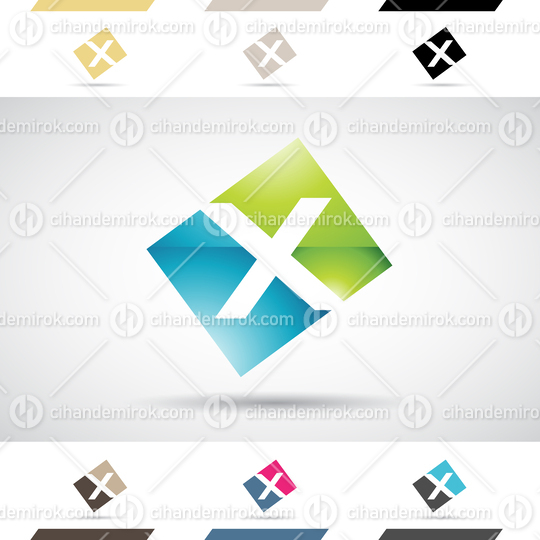 Blue and Green Abstract Glossy Logo Icon of Letter X in a Rectangle