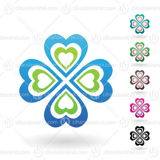 Blue and Green Abstract Icon of Heart Shaped Four Leaf Clover