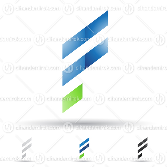 Blue and Green Glossy Abstract Logo Icon of Letter F with Skewed Striped Rectangles