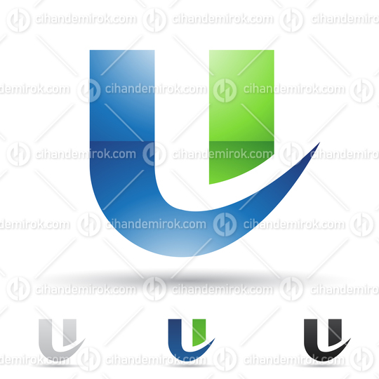 Blue and Green Glossy Abstract Logo Icon of Letter U with Spiky Curved Shapes 