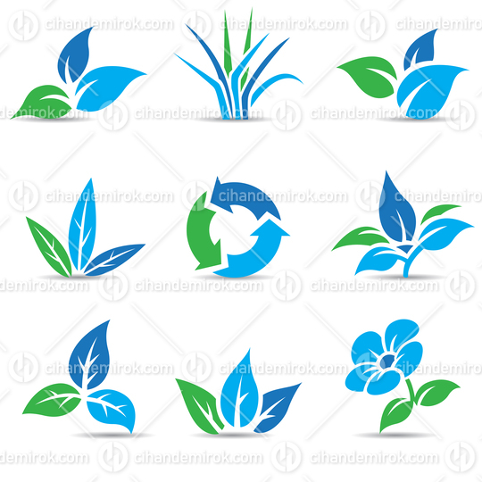 Blue and Green Grass and Leaves Icons with Recycling Symbol