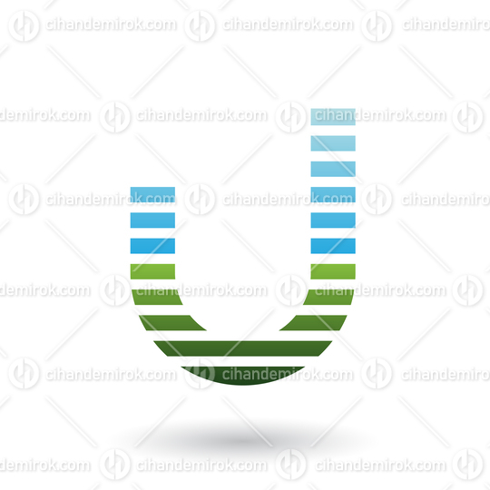Blue and Green Letter U Icon with Horizontal Thin Stripes Vector Illustration