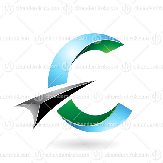 Blue and Green Shiny Twisted Letter C Icon with a Black Glossy Arrow