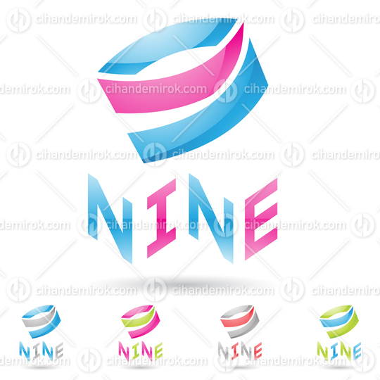 Blue and Magenta Abstract Glossy Logo Icon of a Folded Rectangular Number 9