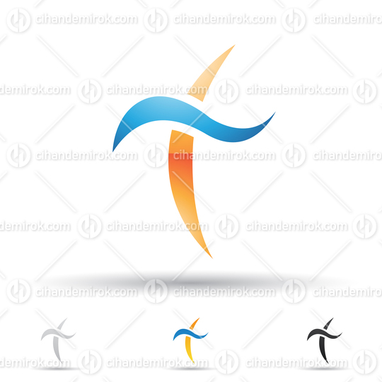 Blue and Orange Abstract Glossy Logo Icon of Sword Shaped Spiky Letter T