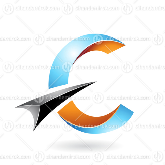 Blue and Orange Shiny Twisted Letter C Icon with a Black Glossy Arrow 
