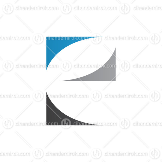 Blue Black and Grey Lowercase Letter E Icon with Curvy Triangles