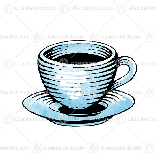 Blue Coffee Cup, Scratchboard Engraved Vector