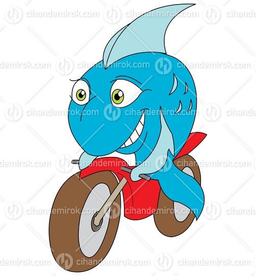 Blue Fish Riding a Red Motorbike Delivering Fish