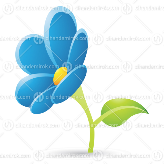 Blue Flower with a Green Leaf Cartoon Icon
