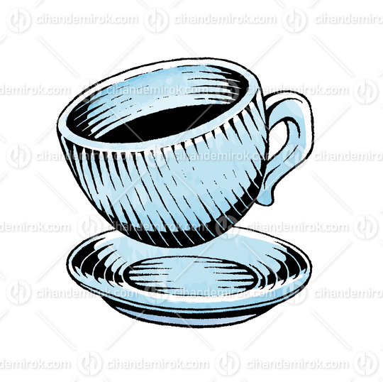 Blue Flying Coffee Cup, Scratchboard Engraved Vector
