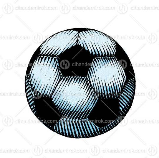 Blue Football and Soccer Ball, Scratchboard Engraved Vector