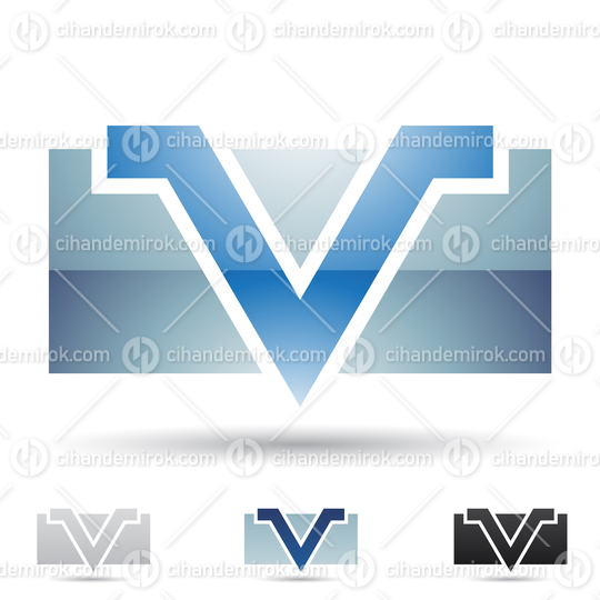 Blue Glossy Abstract Logo Icon of Angled Letter V Over a Rectangle 