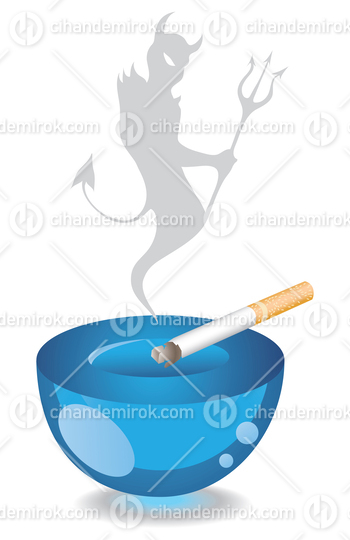 Blue Glossy Ashtray, Cigarette and Smoke Shaped as The Devil Hol