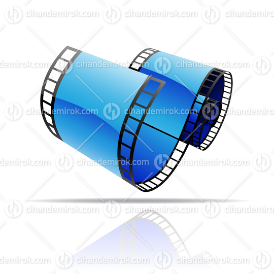 Blue Glossy Film Reel Icon with Shadow and Reflection