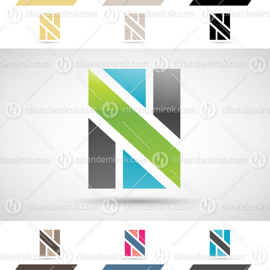 Blue Green and Black Glossy Abstract Logo Icon of Striped Rectangular Letter N