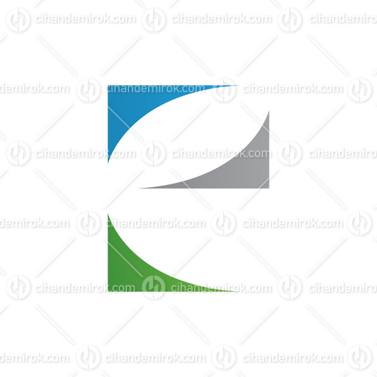 Blue Green and Grey Lowercase Letter E Icon with Curvy Triangles