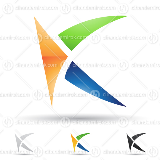 Blue Green and Orange Abstract Glossy Logo Icon of Letter K with Spiky Curved Triangles