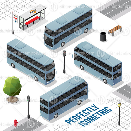 Blue Grey Double Decker Isometric Bus from the Front Back Right and Left